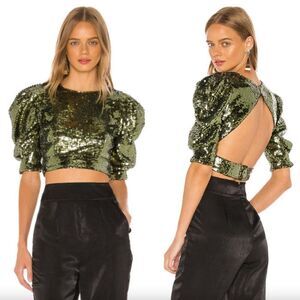 Camila Coelho olive green sequin Giselle puff sleeve cut out open back crop top